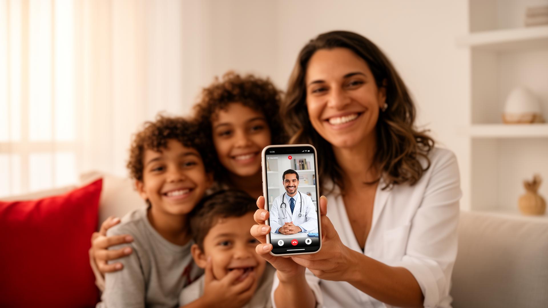 Família feliz usando telemedicina BioLab no celular